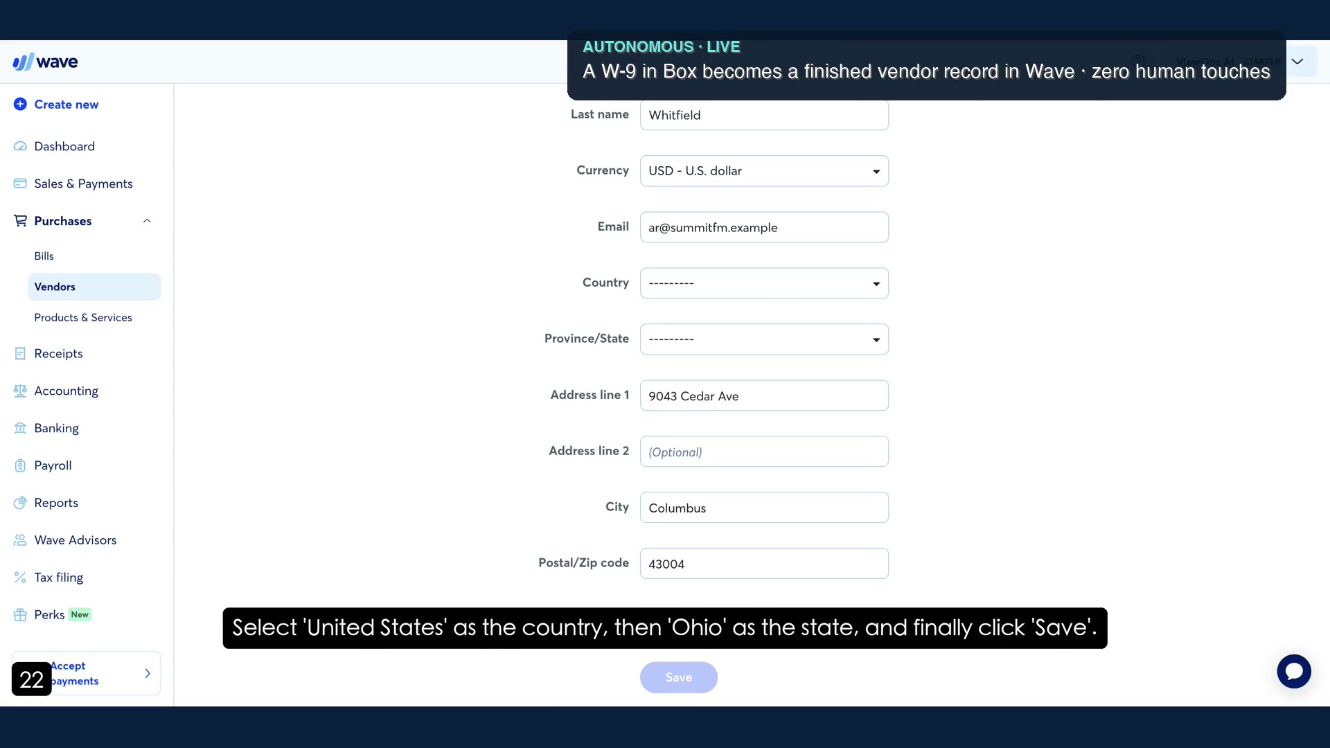 An autonomous run creating a vendor record with zero human touches