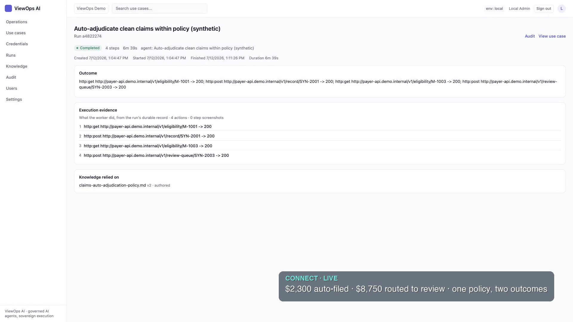 A governed run calling the payer API directly: one claim auto-filed, one routed to human review