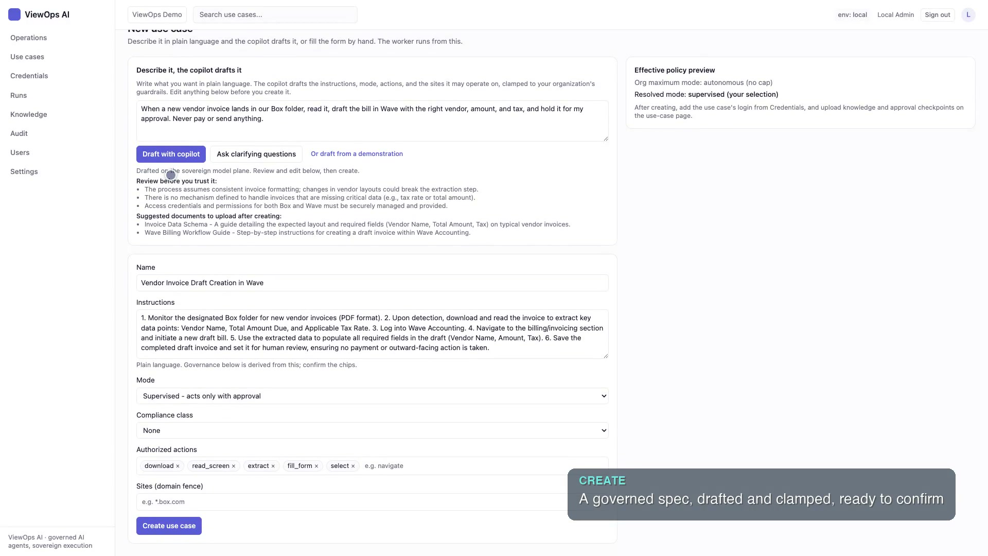 Describing a use case in plain language in the ViewOps AI console