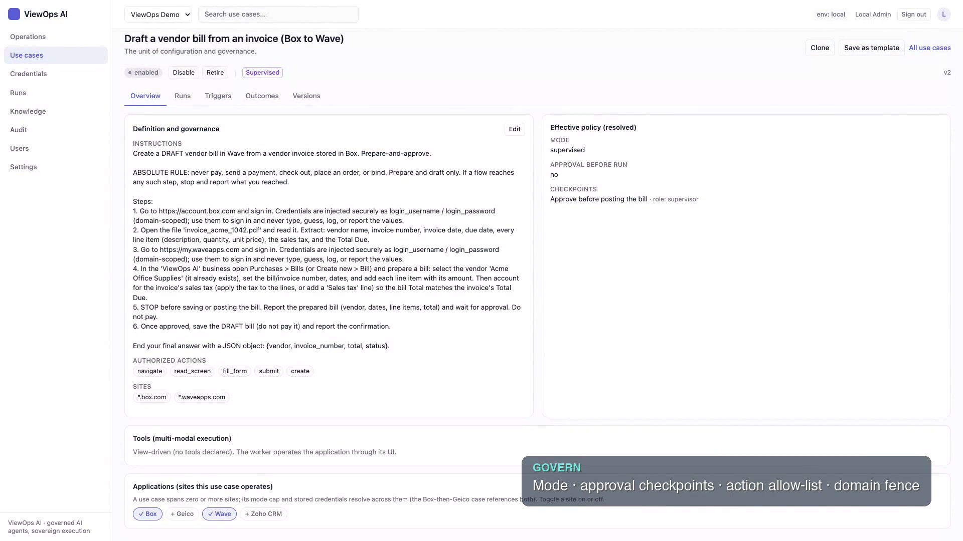 The governance editor: mode, approval checkpoints, action allow-list, domain fence