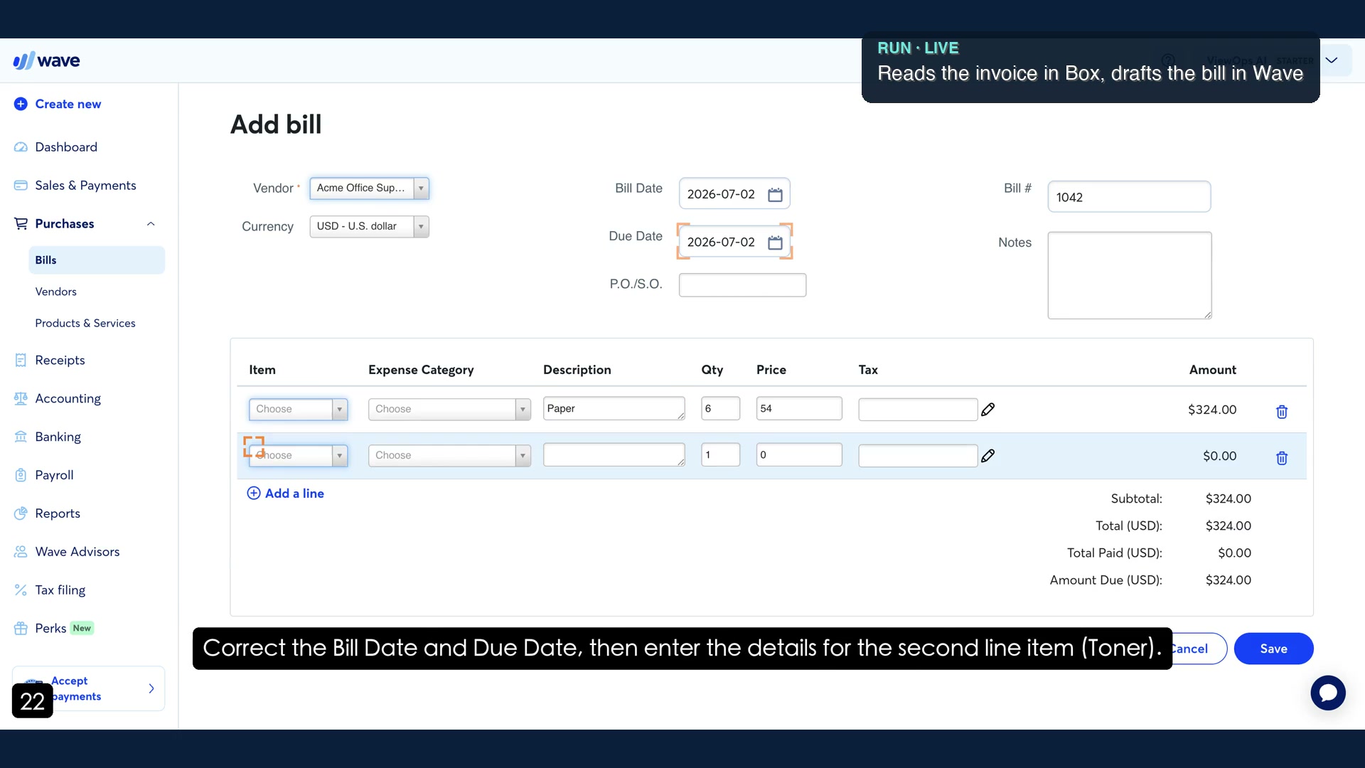 A live run drafting a vendor bill in Wave from an invoice in Box